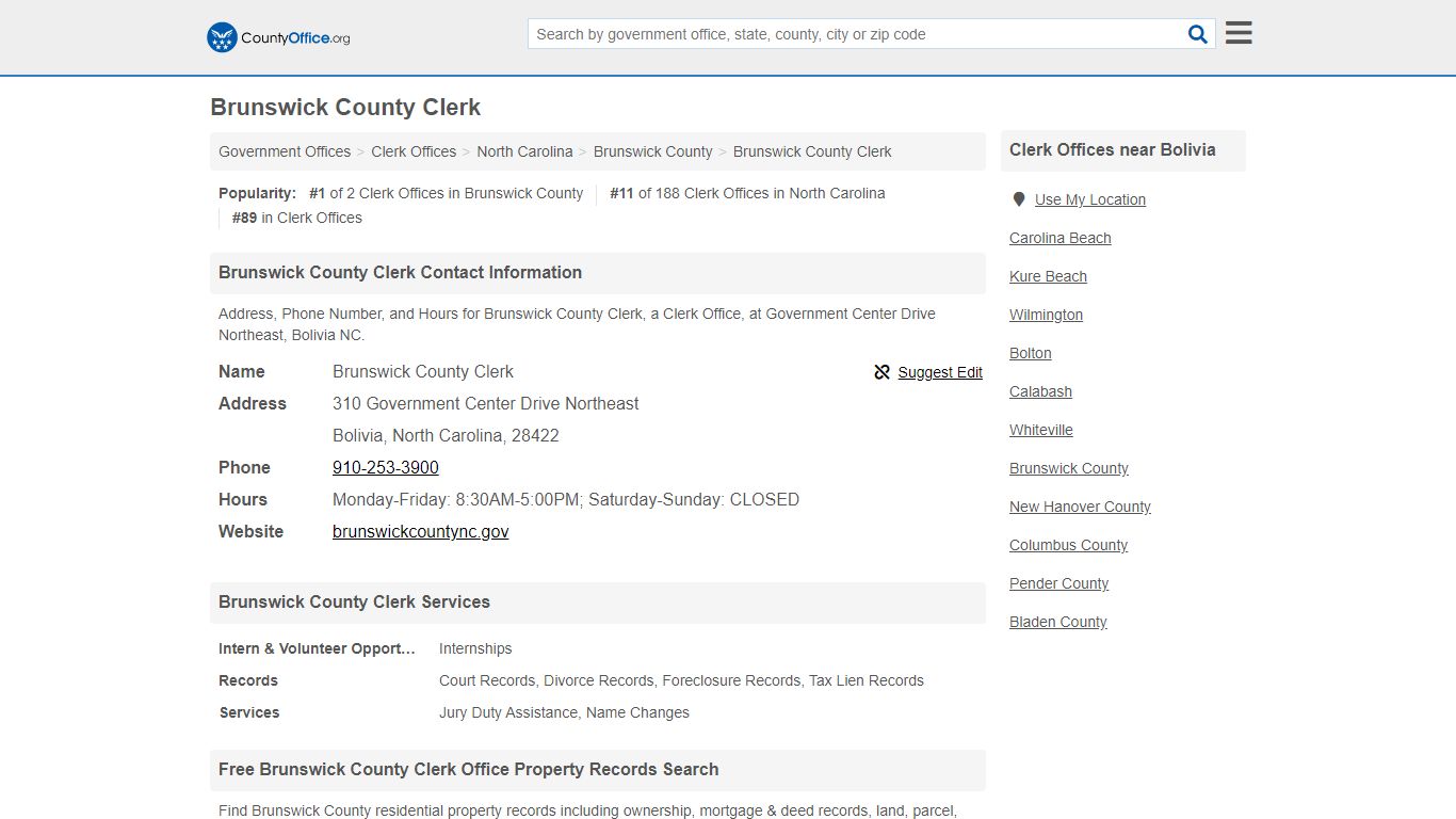Brunswick County Clerk - Bolivia, NC (Address, Phone, and Hours)